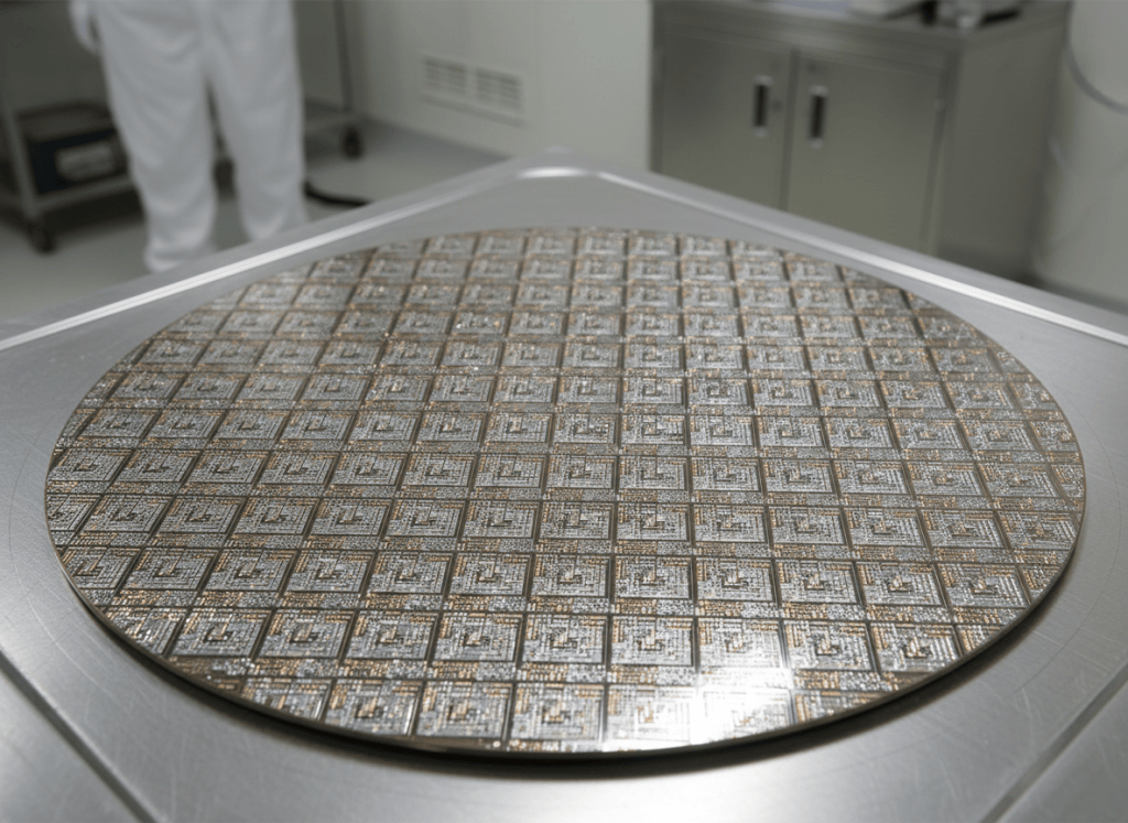 Close-up of a semiconductor wafer used for advanced computing