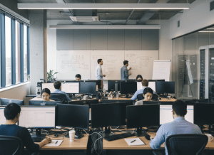 Researchers working at computers in an artificial intelligence lab