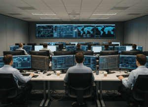 Security analyst workstations in a network operations room