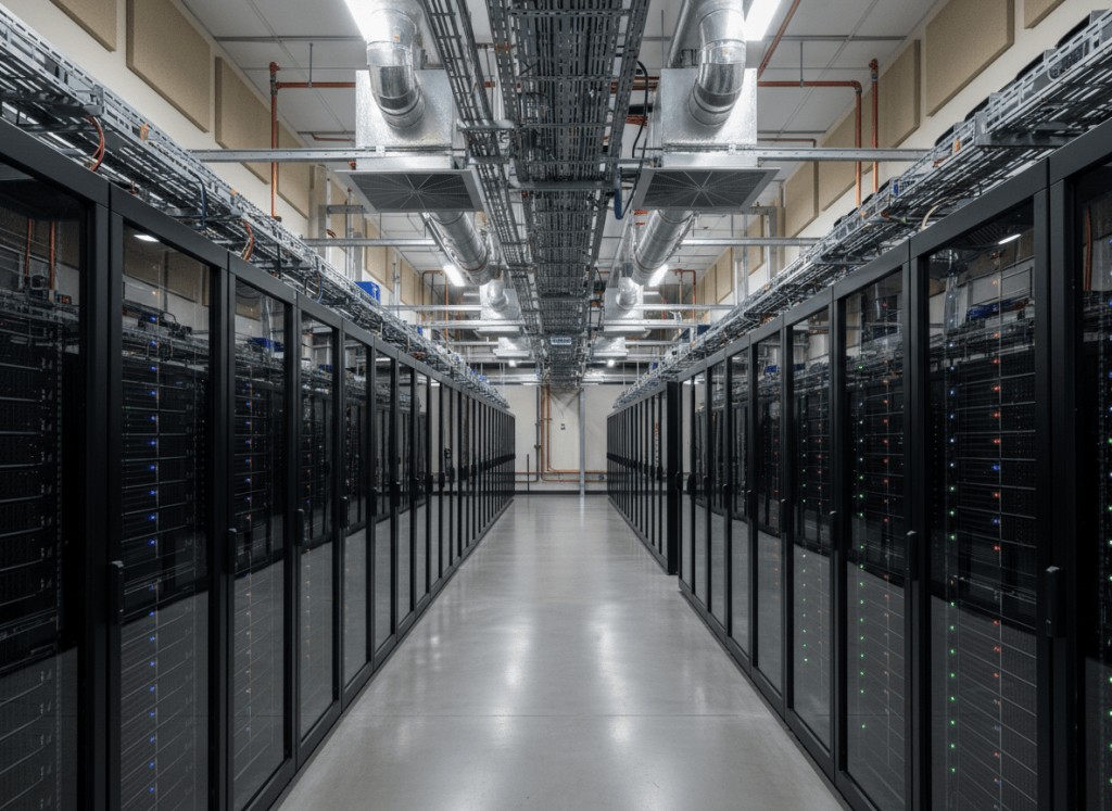 Rows of high-performance computing racks in a research data center